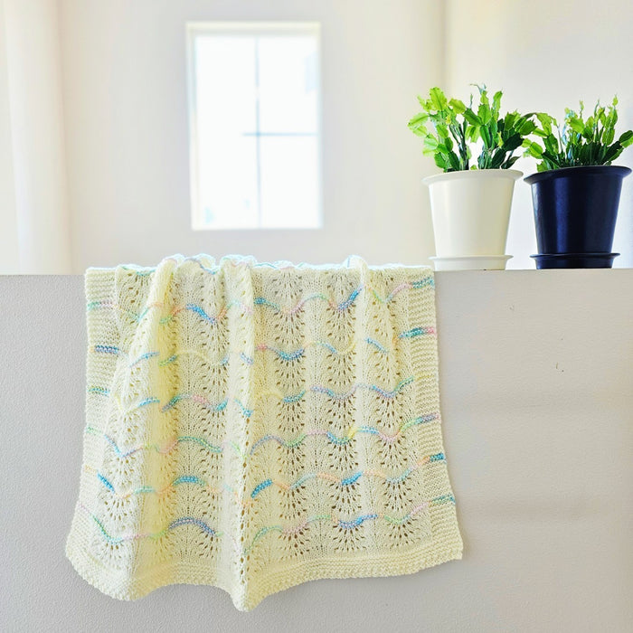 Hand Knitted Baby Blanket - Wave Pattern Cream with Mulit-Colored Trim