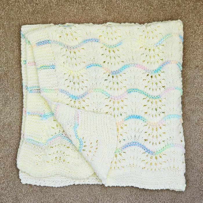 Hand Knitted Baby Blanket - Wave Pattern Cream with Mulit-Colored Trim
