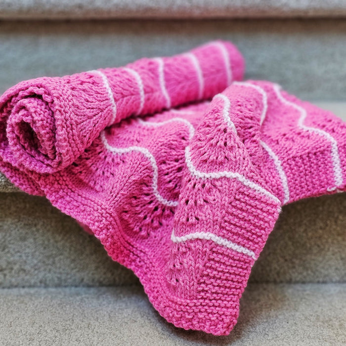 Hand Knitted Baby Blanket - Wave Pattern Fuchsia with Pink Trim