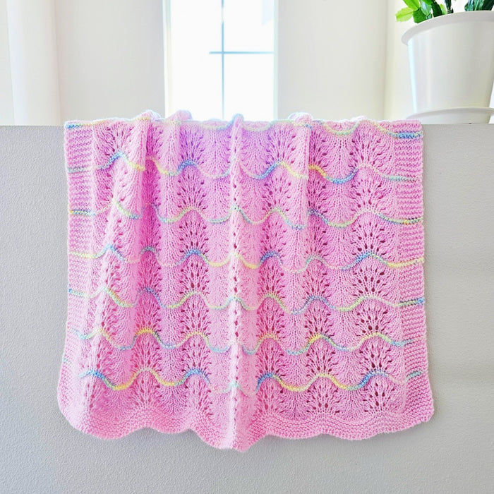 Hand Knitted Baby Blanket - Wave Pattern Pink with Mulit-Colored Trim