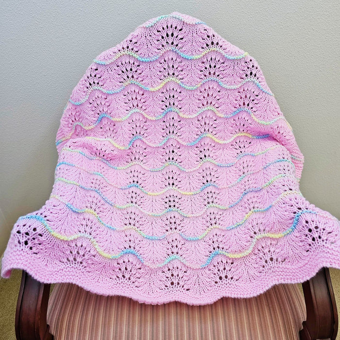 Hand Knitted Baby Blanket - Wave Pattern Pink with Mulit-Colored Trim
