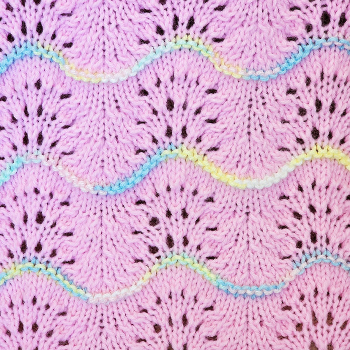 Hand Knitted Baby Blanket - Wave Pattern Pink with Mulit-Colored Trim