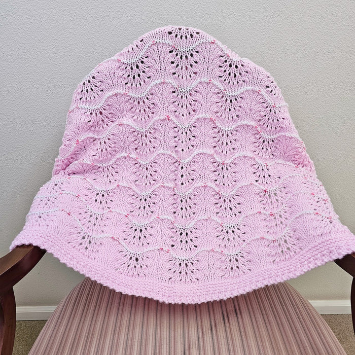 Hand Knitted Baby Blanket - Wave Pattern Pink with White & Pink Trim