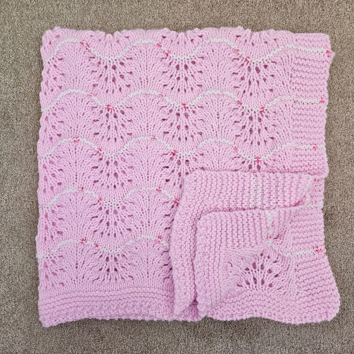 Hand Knitted Baby Blanket - Wave Pattern Pink with White & Pink Trim