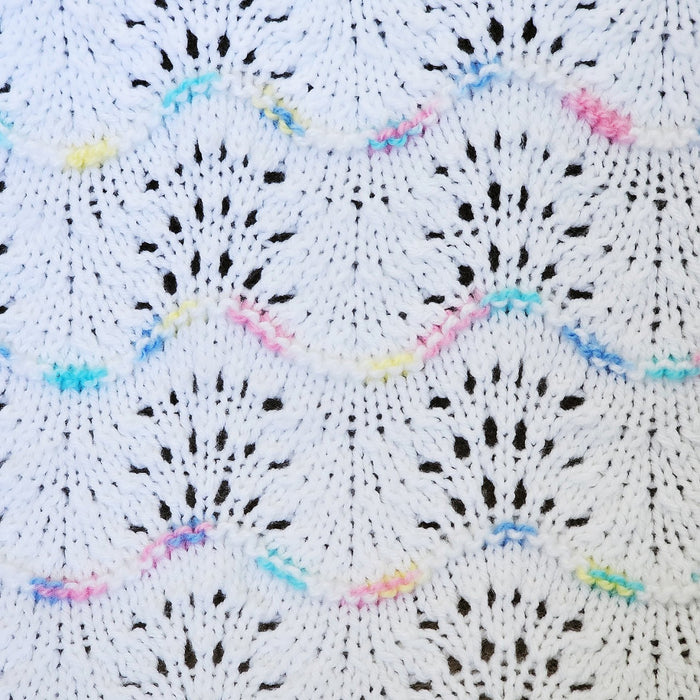 Hand Knitted Baby Blanket - Wave Pattern White with Mulit-Colored Trim