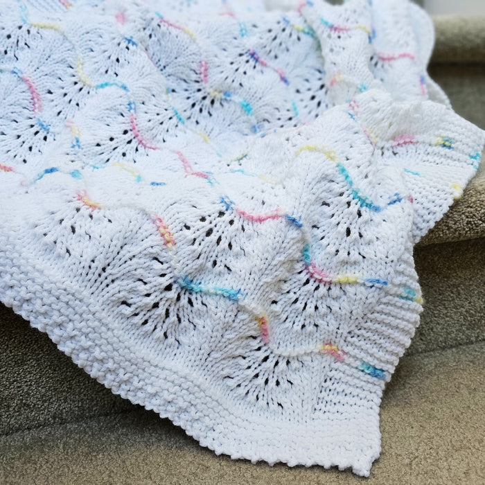Hand Knitted Baby Blanket - Wave Pattern White with Mulit-Colored Trim
