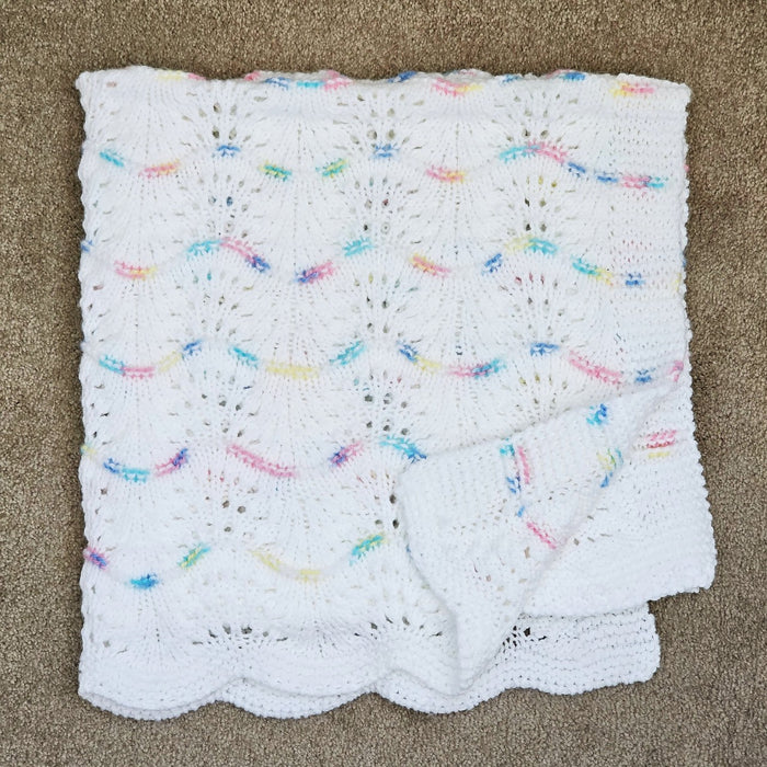Hand Knitted Baby Blanket - Wave Pattern White with Mulit-Colored Trim
