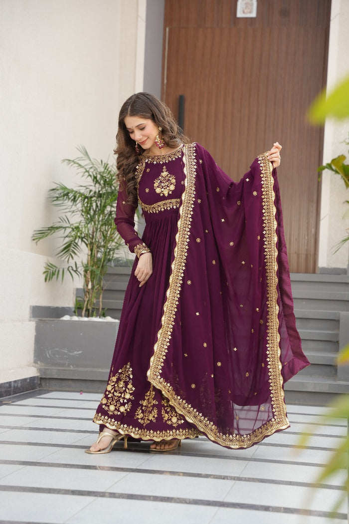 Heavy Designer Gown in Wine Georgette With Sequence Embroidery Work and Dupatta