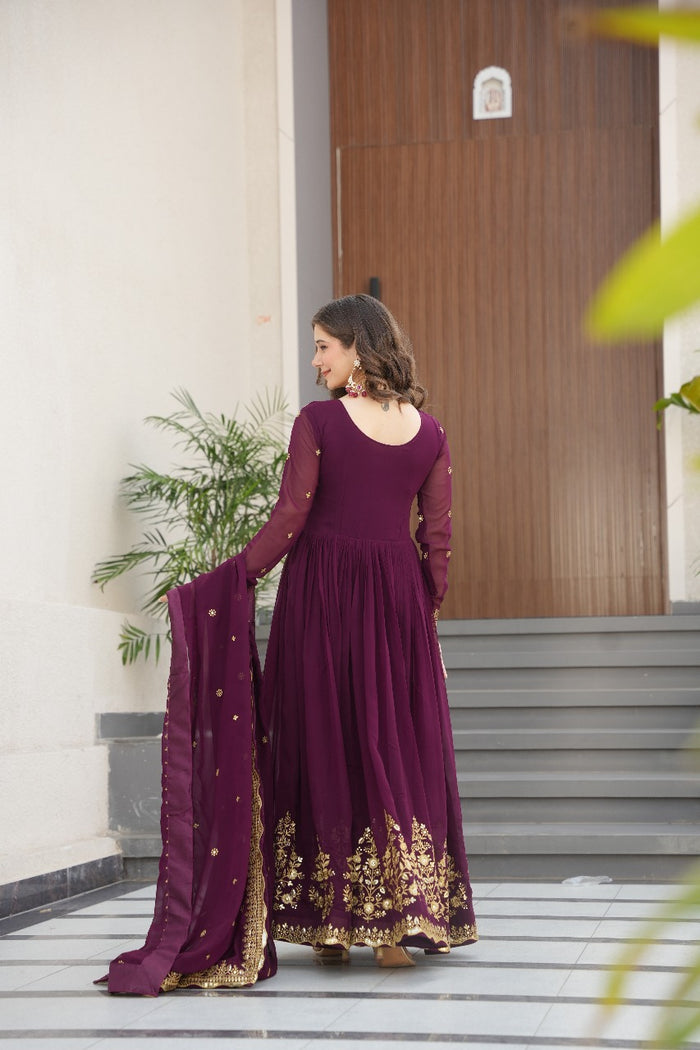 Heavy Designer Gown in Wine Georgette With Sequence Embroidery Work and Dupatta
