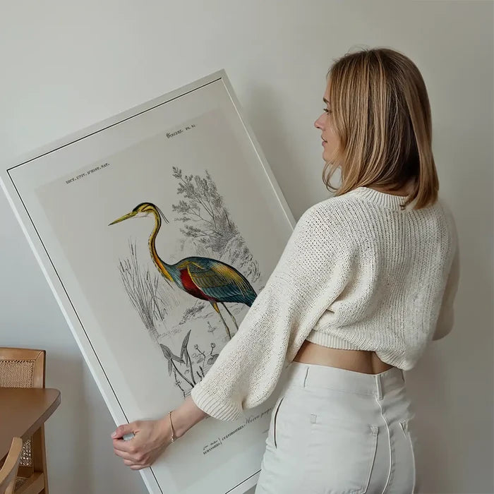 Heron Vintage Bird Print held up against a living room wall