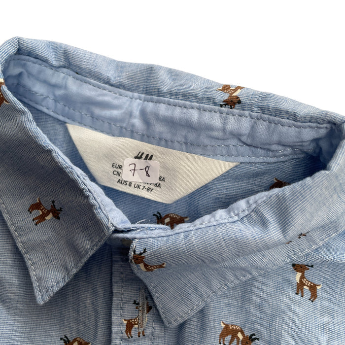 H&M 7-8 years light blue reindeer print cotton shirt