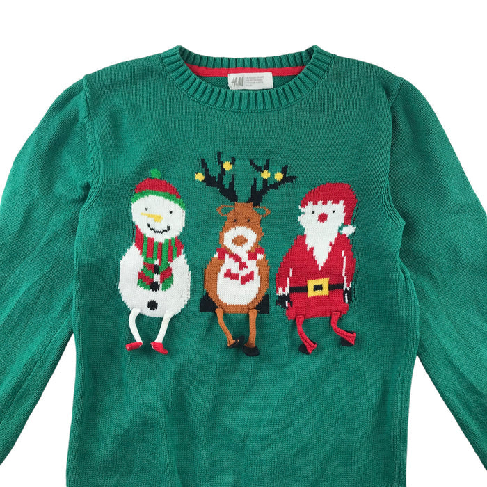 H&M Festive Jumper 7-8 Years Green Snowman Reindeer and Santa Graphic Cotton