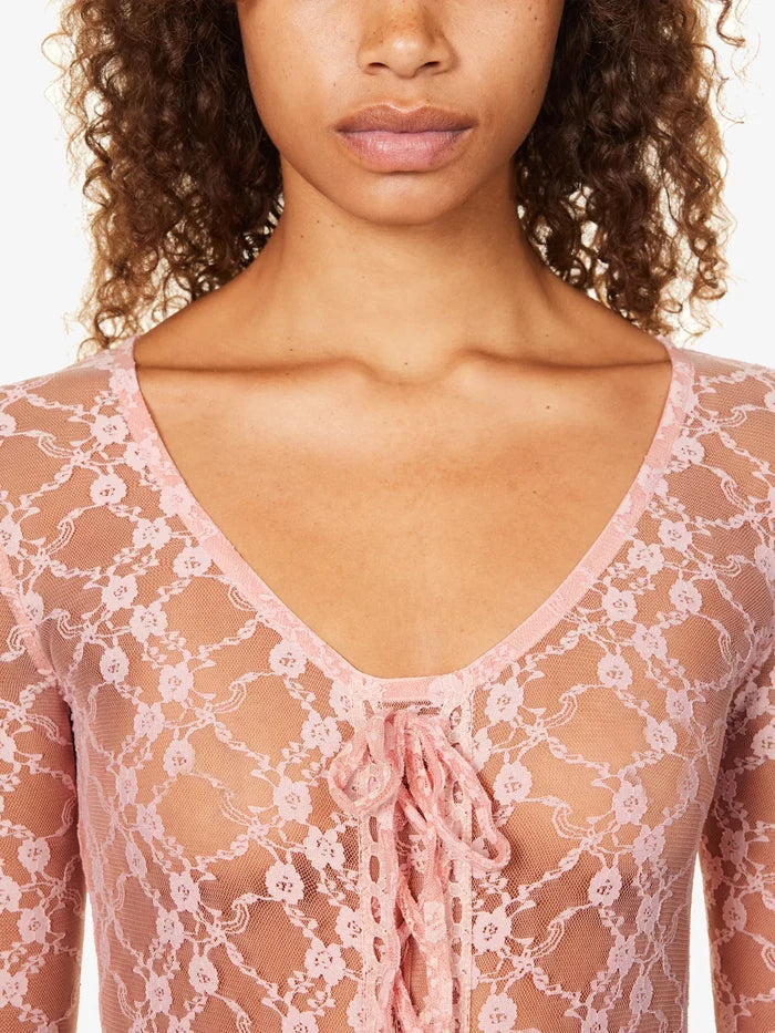 House Of Sunny Pink Love Lace Sheer Romantic Coquette Bodysuit - House Of Huntington