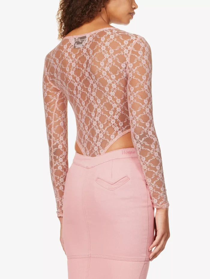 House Of Sunny Pink Love Lace Sheer Romantic Coquette Bodysuit - House Of Huntington