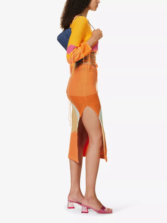 House Of Sunny Pompelmo Sunset Intarsia Crochet Knit Low Rise Summer Skirt - House Of Huntington