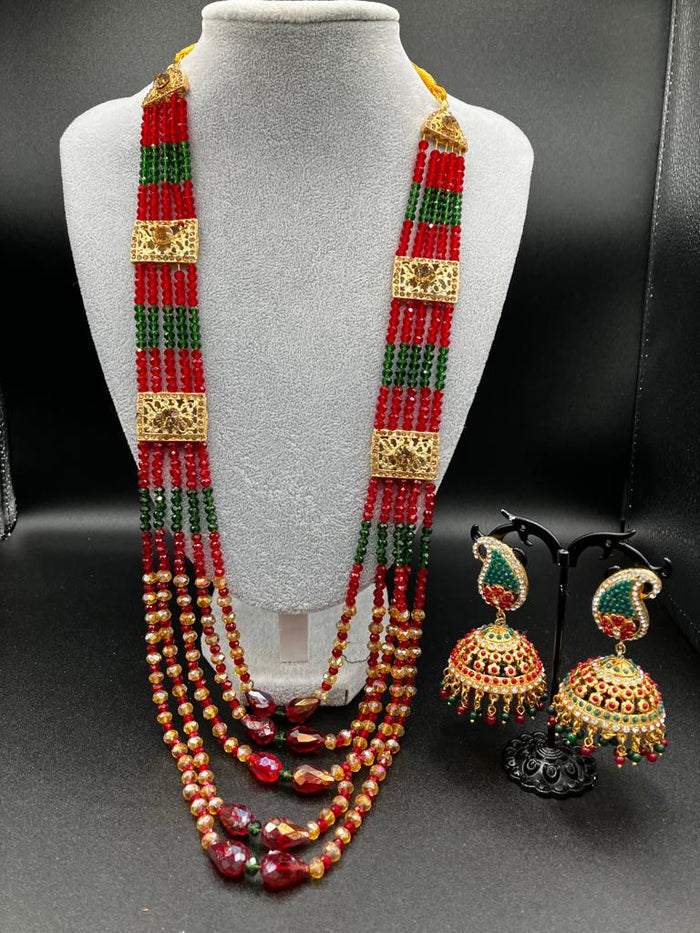 Hyderabadi style Red & Green jewelry set with jhumka and maala long necklace - NATASHAHS