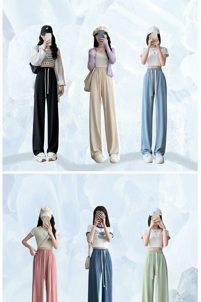Collage of six people wearing different colored wide-leg pants with text on a light blue background.