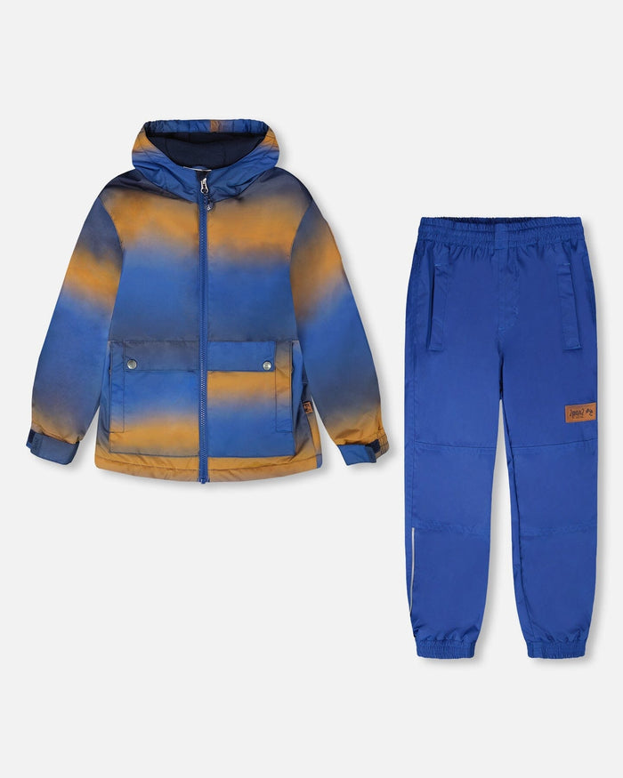 Deux par Deux boys' insulated mid-season set, blue and brown gradient jacket with blue pants – jacket and pants, front view