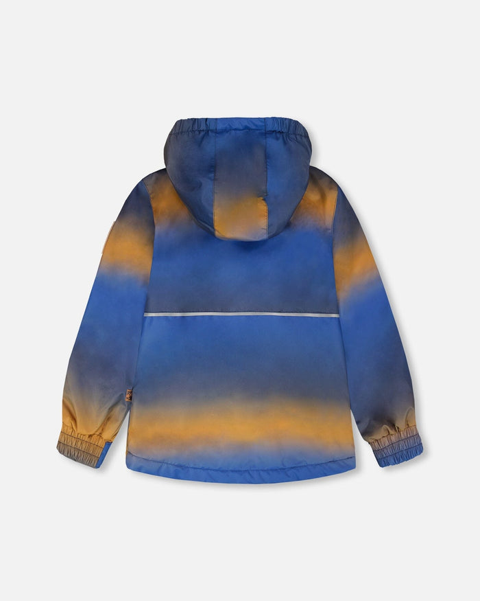 Deux par Deux boys' insulated mid-season set, blue and brown gradient jacket with blue pants – jacket, back view with reflective band