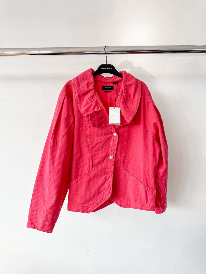 Isabel Marant Epaline Pink Linen Cotton Ruffle Collar 80s Style Jacket
