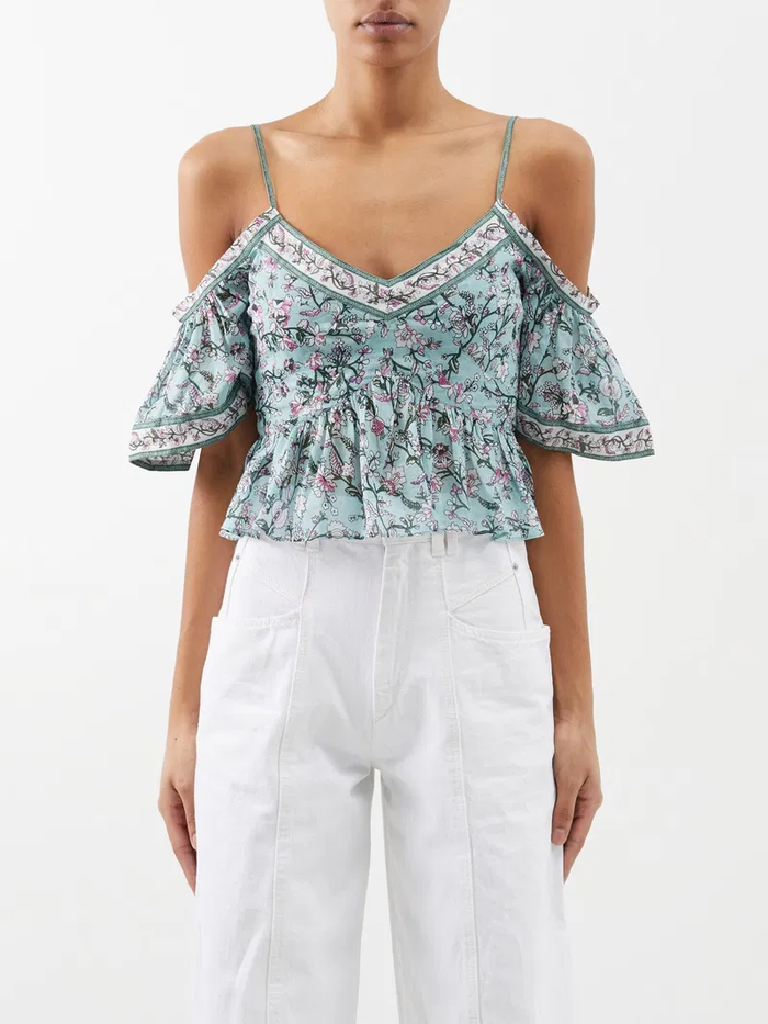 Isabel Marant Etoile Garuva Off-Shoulder Cotton Blue Floral Top