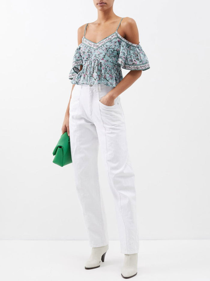 Isabel Marant Etoile Garuva Off-Shoulder Cotton Blue Floral Top
