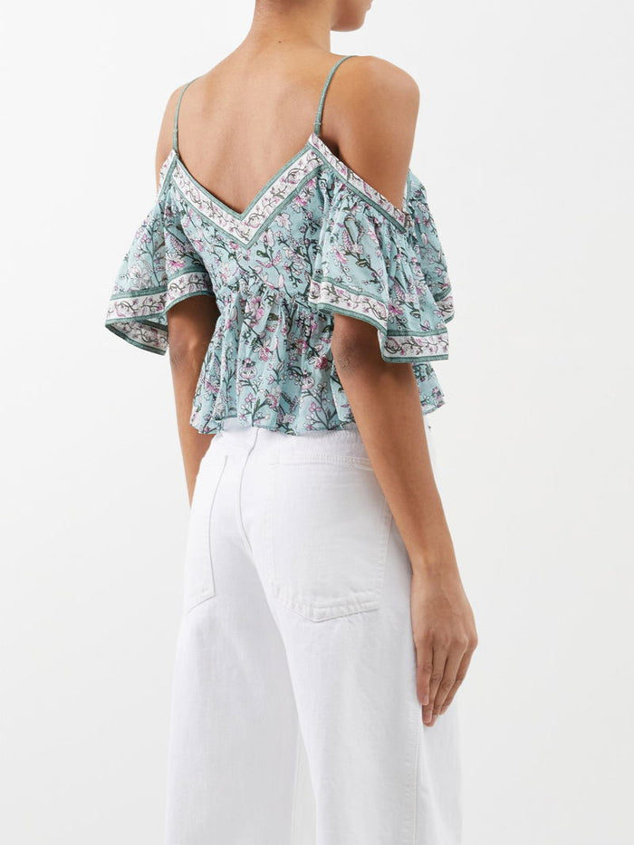 Isabel Marant Etoile Garuva Off-Shoulder Cotton Blue Floral Top
