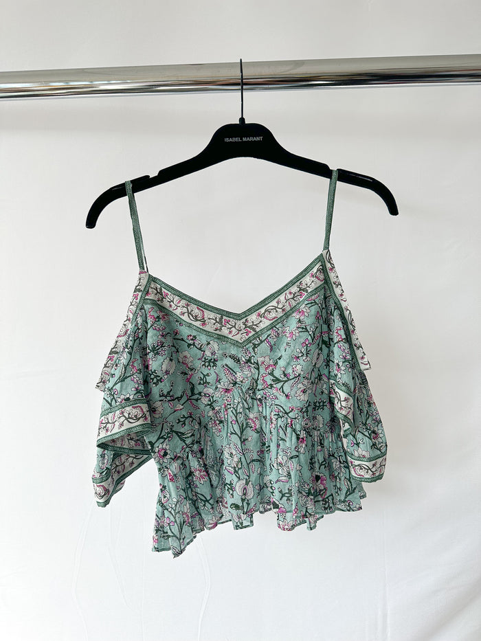 Isabel Marant Etoile Garuva Off-Shoulder Cotton Blue Floral Top