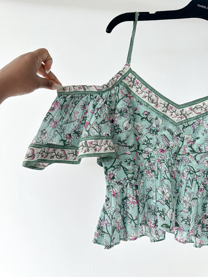 Isabel Marant Etoile Garuva Off-Shoulder Cotton Blue Floral Top