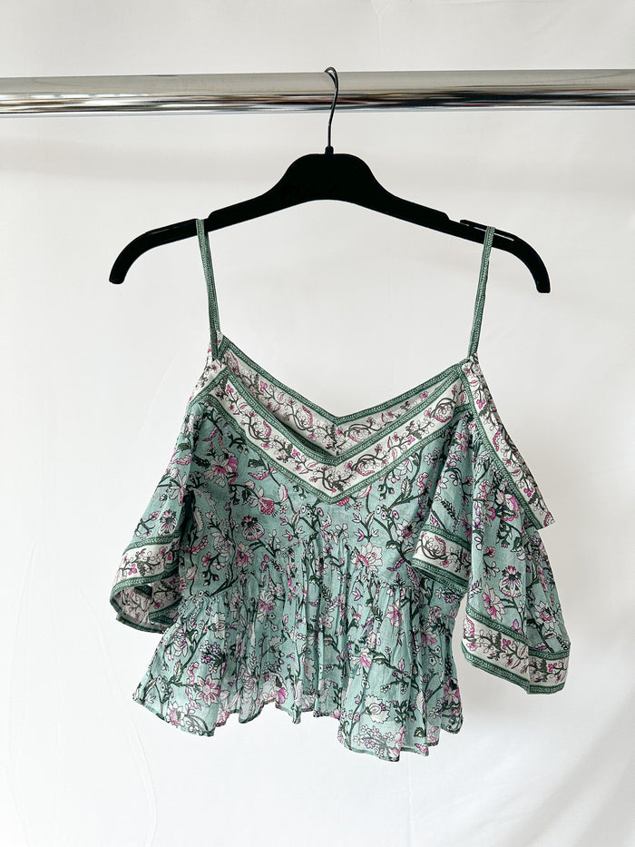 Isabel Marant Etoile Garuva Off-Shoulder Cotton Blue Floral Top