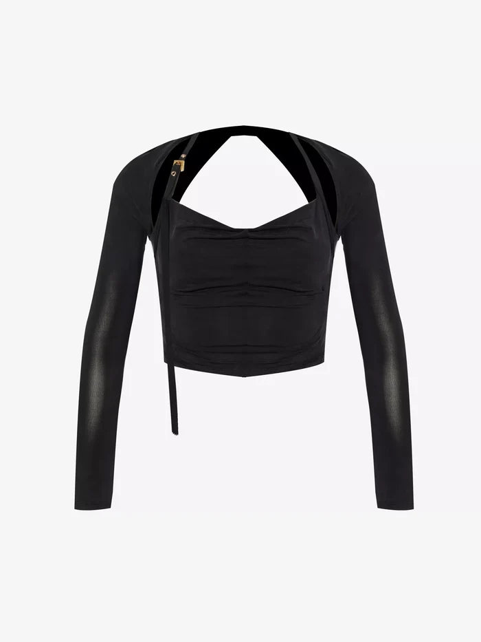 JACQUEMUS Le Haut Peplo Cut-Out Woven Black Top - House Of Huntington