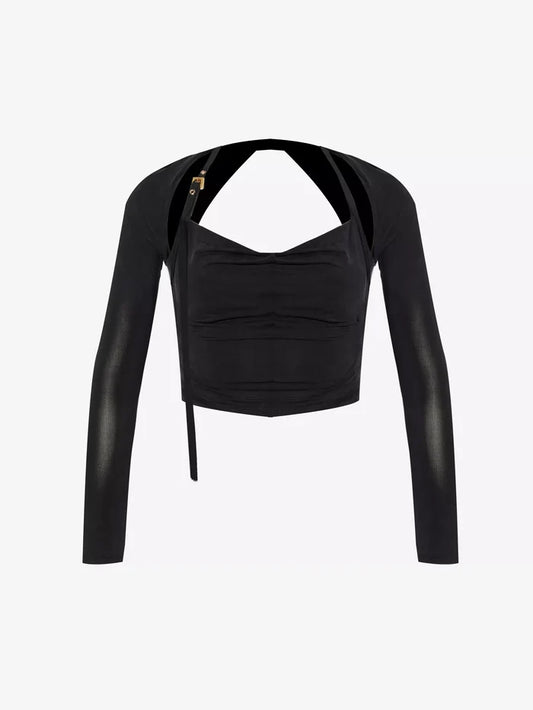 JACQUEMUS Le Haut Peplo Cut-Out Woven Black Top - House Of Huntington