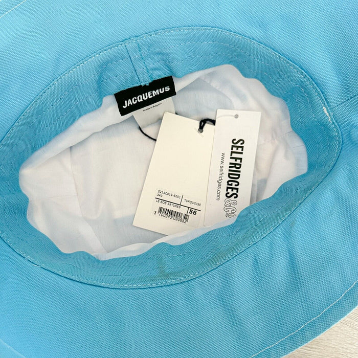 JACQUEMUS Logo Embossed Blue White Stripe Bucket Hat Le Bob Rayures