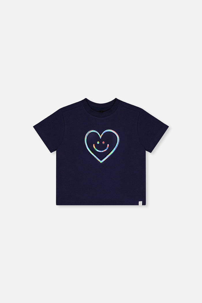 Deux par Deux girls' dark blue jersey T-shirt with holographic heart – front view