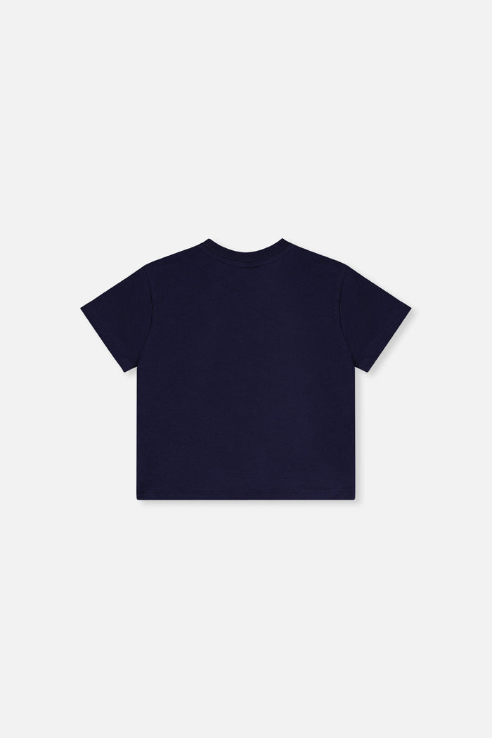 Deux par Deux girls' dark blue jersey T-shirt with holographic heart – back view