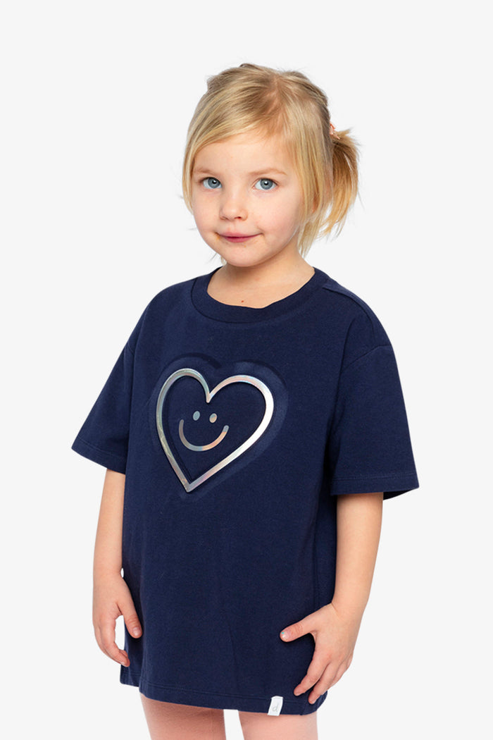 Deux par Deux girls' dark blue jersey T-shirt with holographic heart – worn by a child model