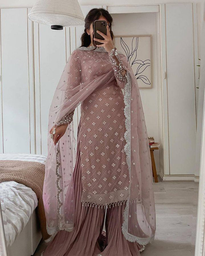 Jiana Peach Georgette Embroidered Kurta Palazzo Sets