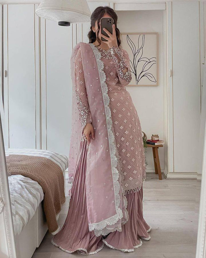 Jiana Peach Georgette Embroidered Kurta Palazzo Sets