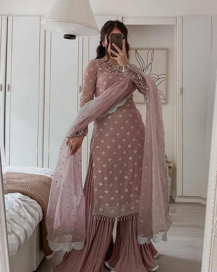 Jiana Peach Georgette Embroidered Kurta Palazzo Sets