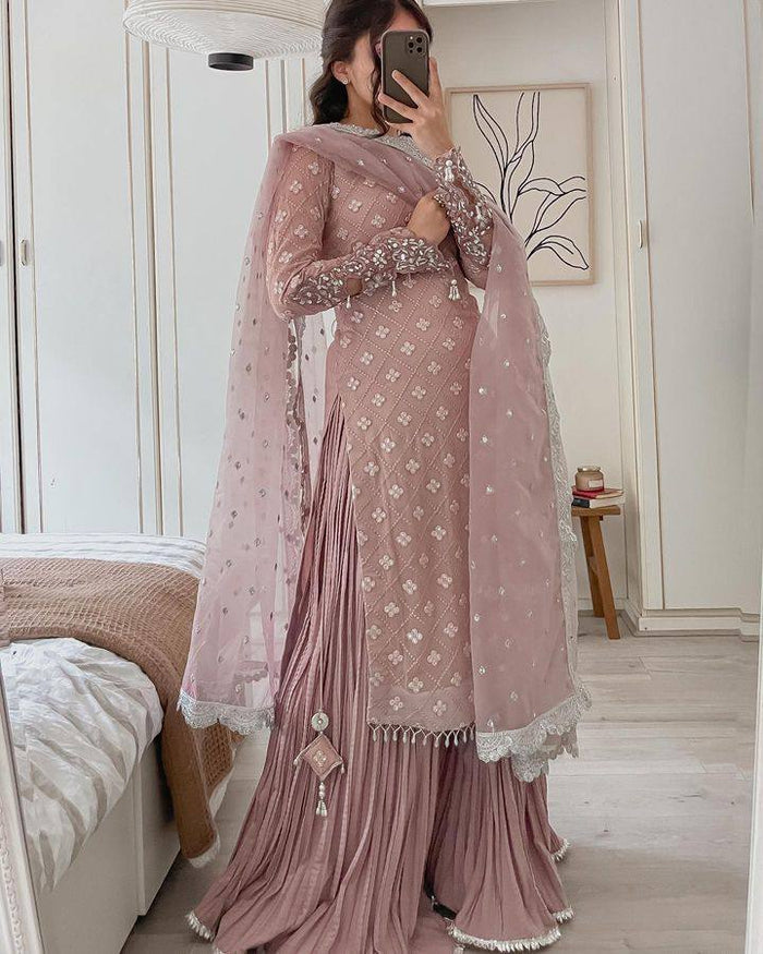 Jiana Peach Georgette Embroidered Kurta Palazzo Sets