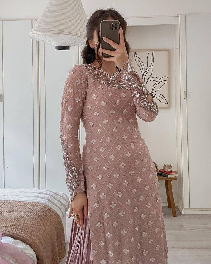 Jiana Peach Georgette Embroidered Kurta Palazzo Sets