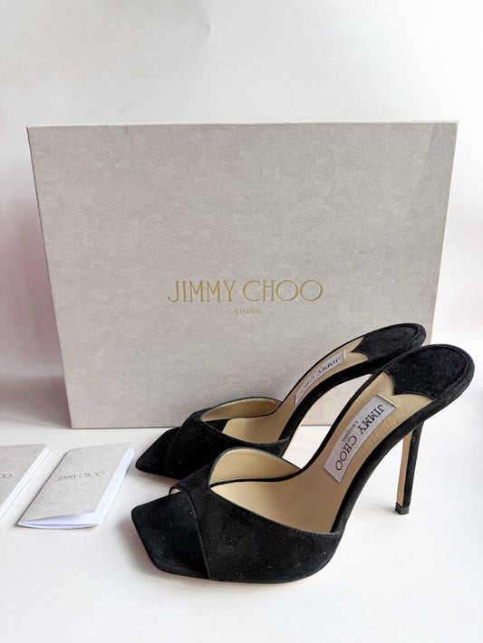 Jimmy Choo Black Saeda Suede Open Toe High Heels