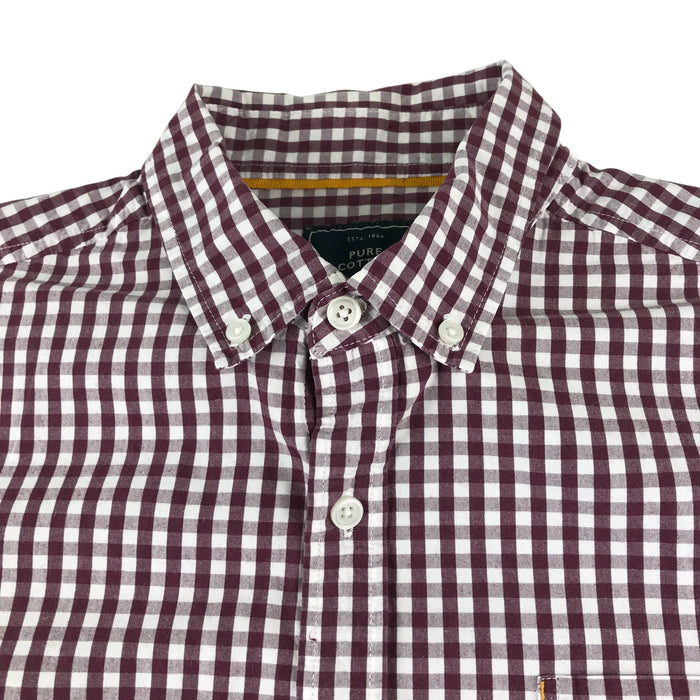 John Lewis men's L burgundy and white checked buttoned long sleeve cotton shirt