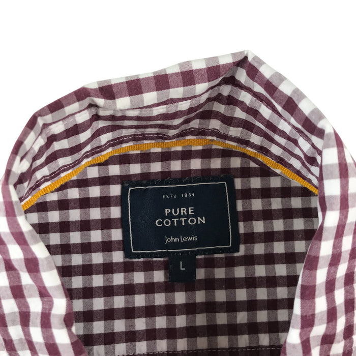 John Lewis men's L burgundy and white checked buttoned long sleeve cotton shirt