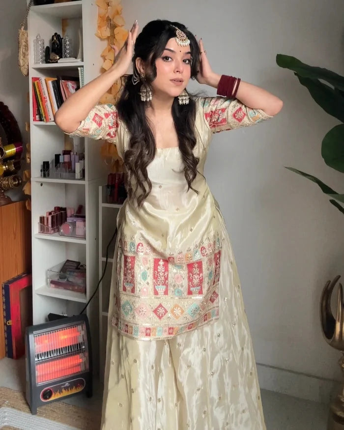 Khushi Silk Heavy Work Off White Sharara Set