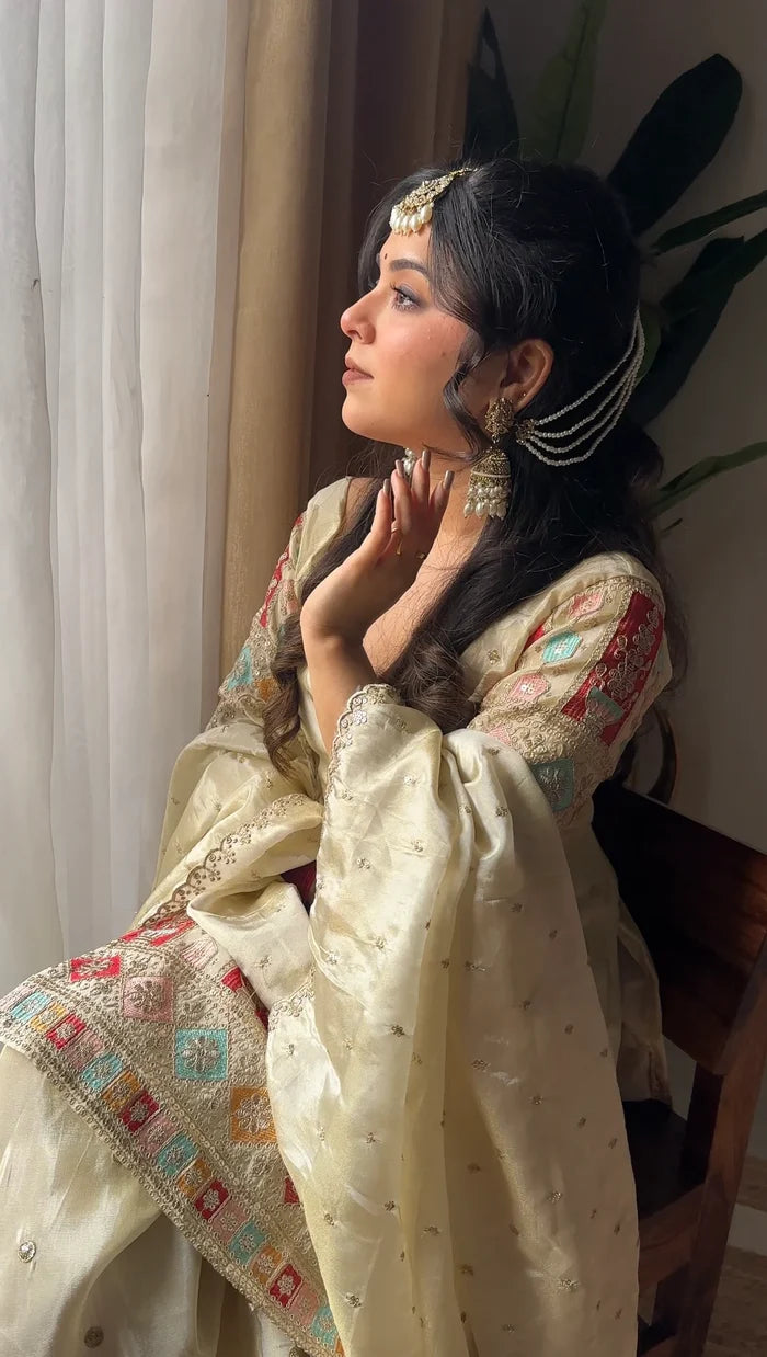 Khushi Silk Heavy Work Off White Sharara Set