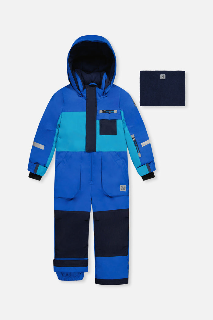 Deux par Deux PLAY one-piece snowsuit in royal blue, turquoise and navy with neckwarmer, front view