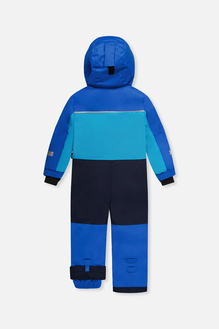 Light and dark blue Deux par Deux PLAY one-piece snowsuit with navy seat panel, back view
