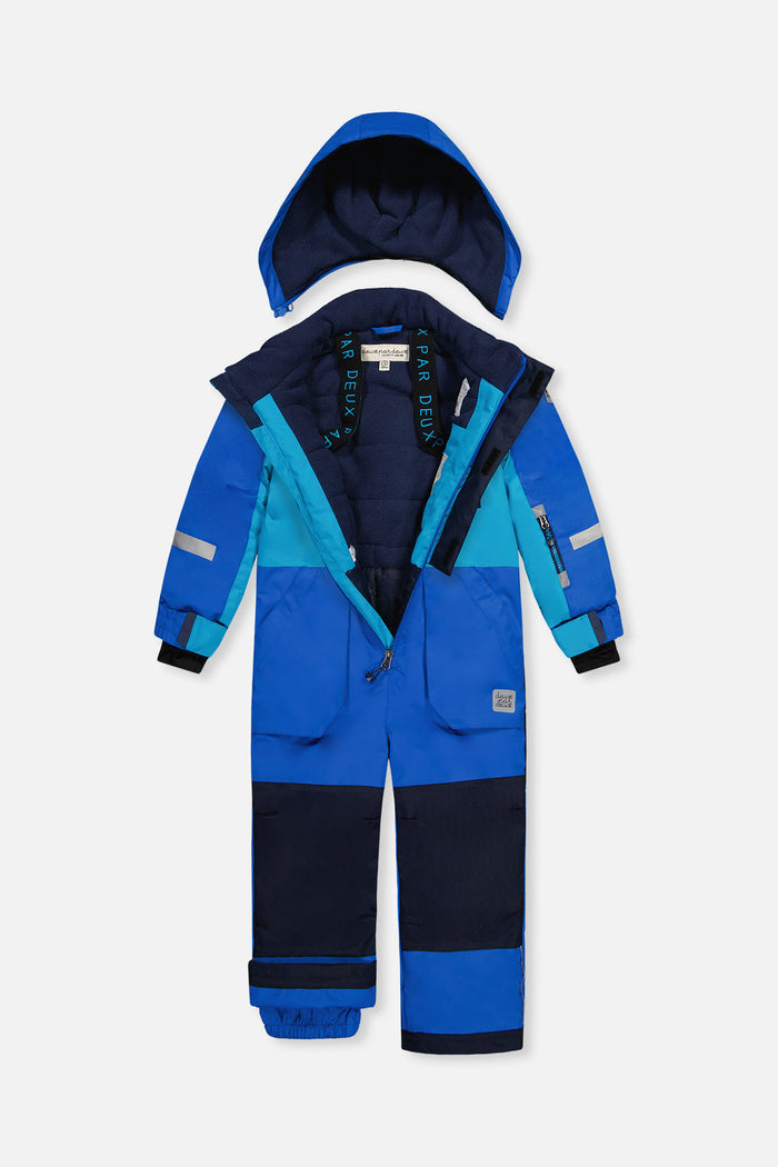 Light and dark blue PLAY one-piece snowsuit unzipped with the hood detached, showing the lining
