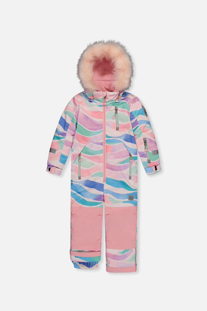 Deux par Deux PLAY one-piece snowsuit in multicolored line print with pink faux-fur hood trim, front view